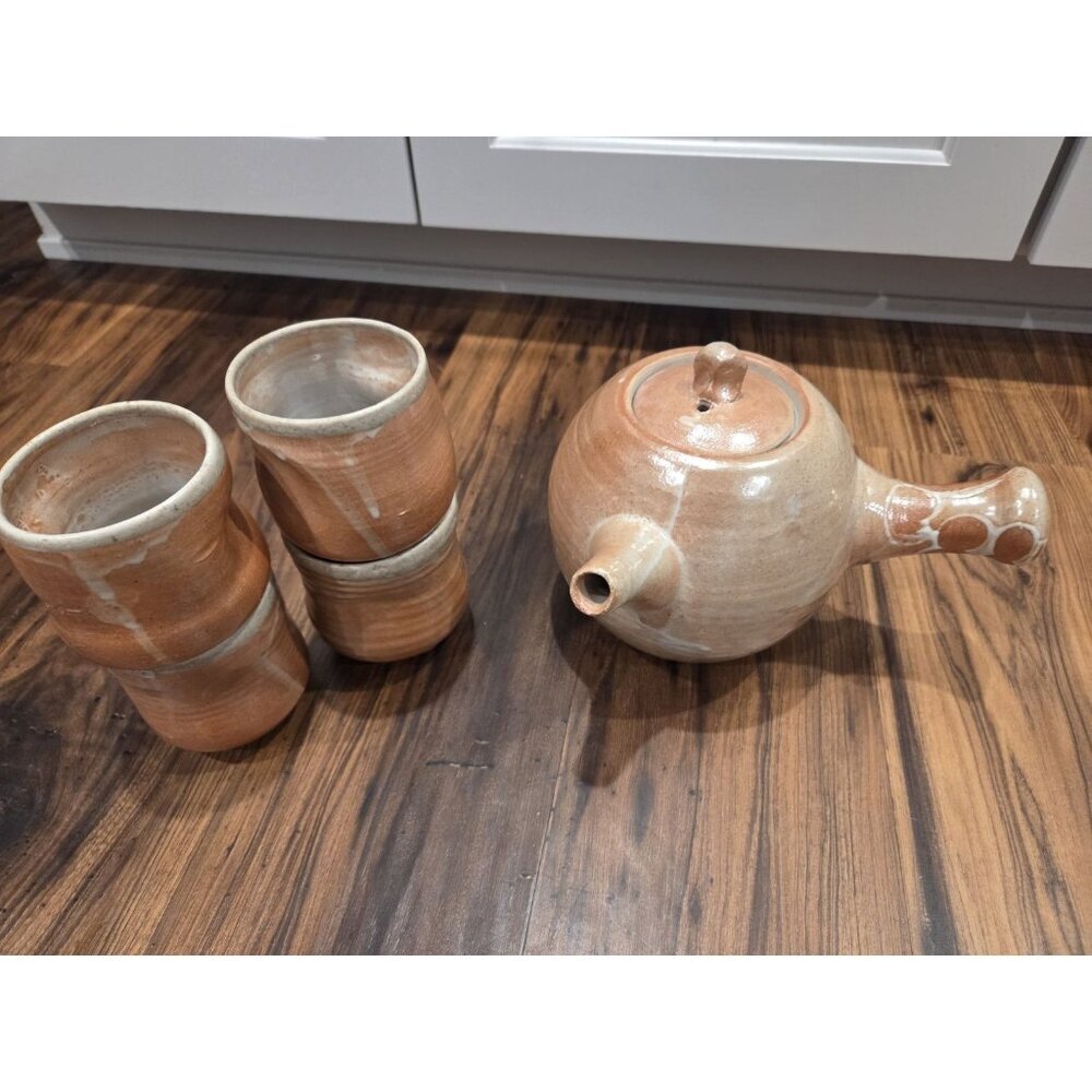 Studio Pottery Kyusu Tea Pot & 4 Yunomi Cups Hand Thrown Signed Stoneware Set
